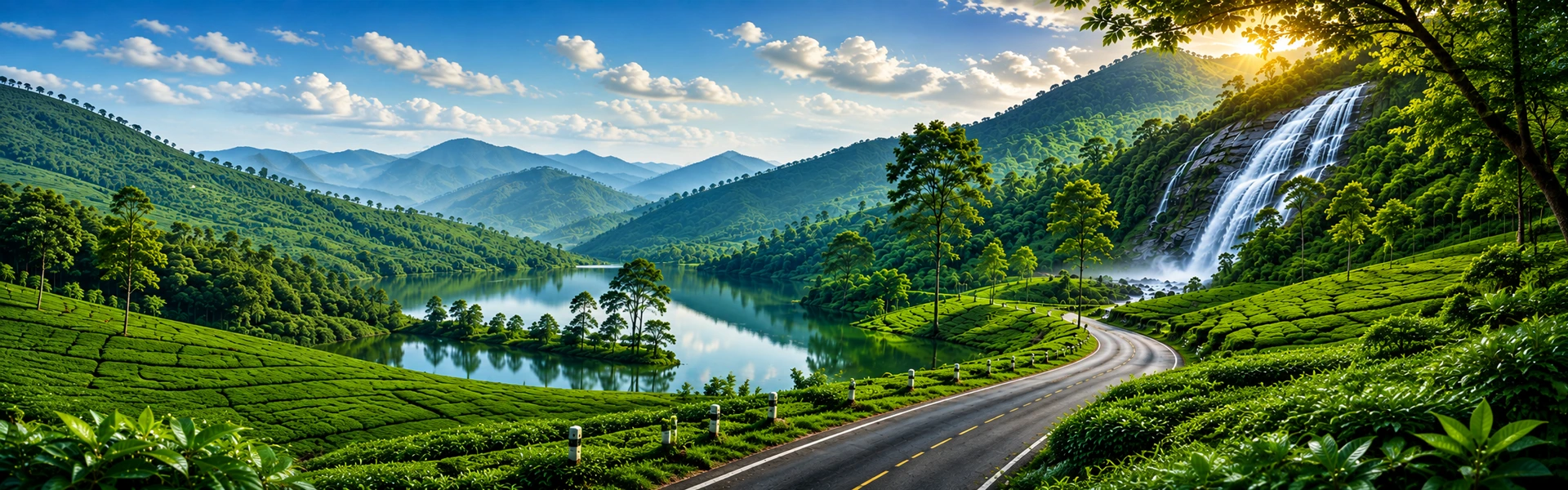Winding road through lush green mountains